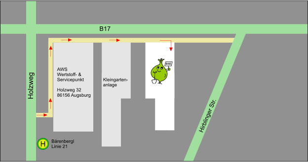 H Bärenbergl Linie 21 Holzweg B17 Hirblinger Str. AWS  Wertstoff- &  Servicepunkt  Holzweg 32 86156 Augsburg  Kleingarten- anlage